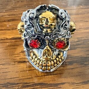 Gold and Silver Skull Ring with Red Accents